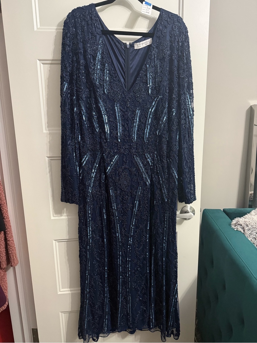 Mac Duggal #5938 Navy Beaded Long-Sleeve Evening Gown